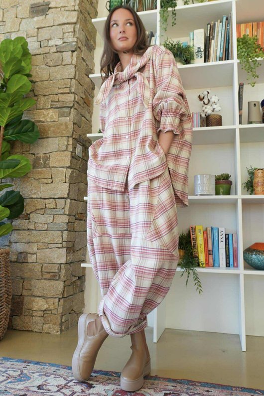 Agnes Plaid Brushed Cotton Neckerchief Blouse Pink